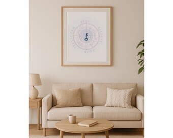 May include: A framed print with a light pink and blue design featuring a key in the center surrounded by a circle of text. The text reads "Rise, Release, Transform, Grow". The print is hanging on a white wall above a beige couch with two pillows.