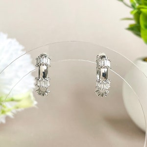 Dainty Baguette Hoop Earrings, Elegant Baguette Hoops, Round Hoops, Rose Gold Hoops, Silver Hoops, Medium Size Hoops, Stylish Hoop Earrings