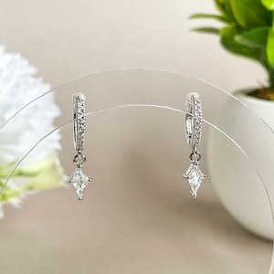 Pave Petite Hoop Earrings with Diamond Dangle, Pave Huggie Hoop Earrings, Diamond Charm Huggie Hoops, Dangle Hoop Earrings, Cluster Earrings