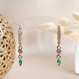 Pave Petite Hoop Earrings with Emerald Dangle, Pave Huggie Hoop Earrings, Emerald Charm Huggie Hoops, Dangle Hoop Earrings, Emerald Earrings