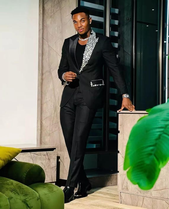 Fashion Men Suit Rhinestone Wide Peak Lapel Party Wedding Prom