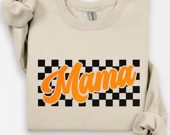 Checkered Mama Orange & Black Sweatshirt, Cozy Fall Plaid Mama Sweatershirtdt5f, Retro Mama Crewneck, Fall Sweatshirt, Mothers Day Gift
