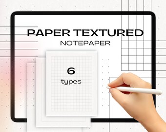 May include: A digital tablet displays the words "PAPER TEXTURED NOTE PAPER" above a stack of white notepaper with a grid pattern. The text "6 types" is visible on one sheet. A hand holds a stylus, suggesting digital note-taking.