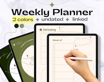 Può includere: Planner settimanale digitale su tablet, con un design minimalista in verde chiaro e beige. Il planner include sezioni per ogni giorno, liste di cose da fare e un'area di focus. Il testo "Weekly Planner" è visualizzato in alto. Il testo "I DON'T CHASE" è anche visibile.