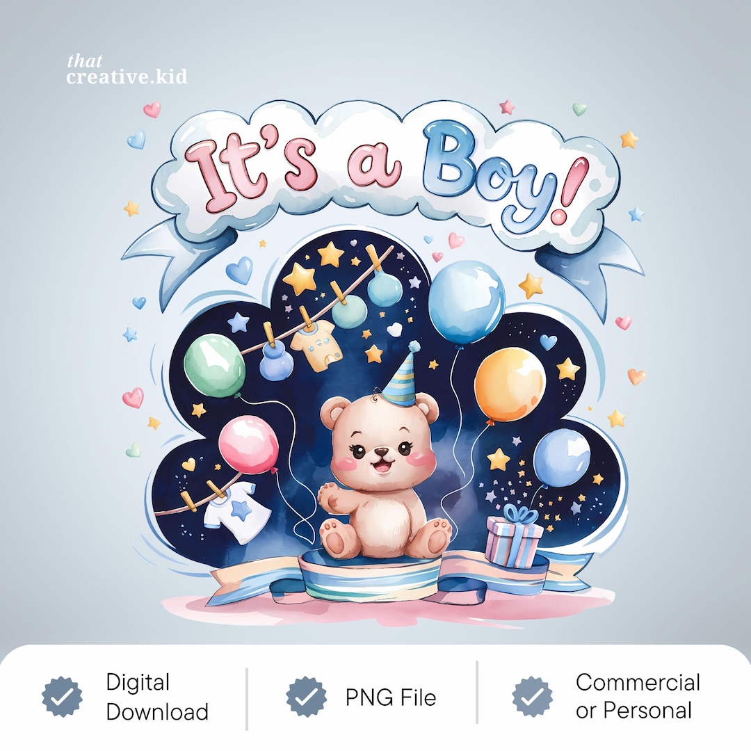 It’s A Boy Gender Reveal Teddy Bear Png Clipart – Watercolor Newborn ...