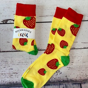 Strawberry design socks, strawberry socks, fun socks, food socks, fruit socks, novelty socks.