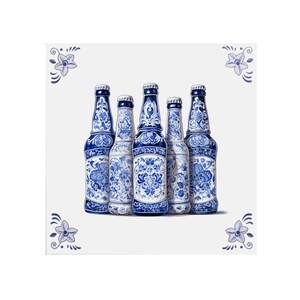 May include: Five blue and white ceramic beer bottles with intricate floral designs. The bottles are arranged in a row, with the tops of the bottles slightly staggered.