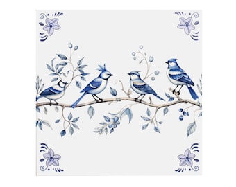 Delft Blue Ceramic Tile: Birds on a branch - Handmade ceramic art, unique gift, Dutch souvenir