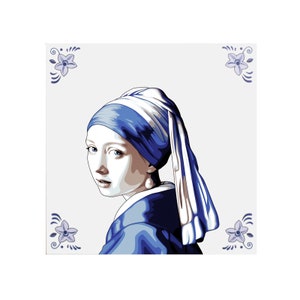 Delft Blue Ceramic Tile: Girl with a Pearl Earring - Handmade ceramic art, Delft tile, Dutch art, Johannes Vermeer