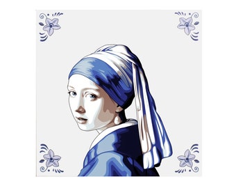 Delfts Blauwe Keramische Tegel: Meisje met de parel - Handgemaakte keramische kunst, Delft tile, Nederlands kunst, Johannes Vermeer