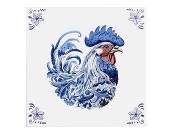 Delft Blue Ceramic Tile: Rooster - Handmade ceramic art, unique gift, Dutch souvenir, chicken gift, gift for him