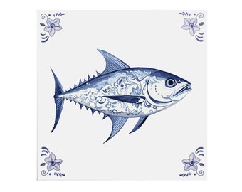 Delft Blue Ceramic Tile: Tuna fish - Handmade ceramic art, unique gift, Dutch souvenir, fish lover, fish souvenir