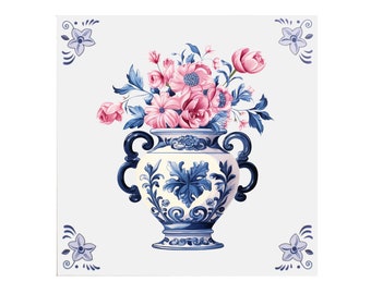 Carreau de céramique bleu de Delft : Vase avec fleurs - Art céramique fait à la main, cadeau pour elle, souvenir hollandais, Saint-Valentin