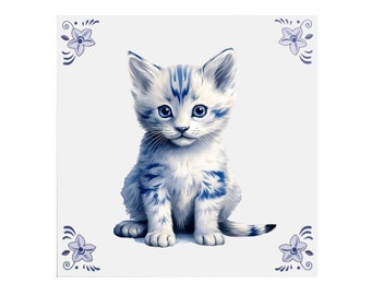 Delfts Blauwe Keramische Tegel: Kitten / Kat - Handgemaakte keramische kunst, uniek cadeau, Nederlands souvenir, cat lover