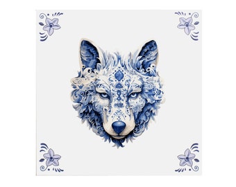Delft Blue Ceramic Tile: Wolf - Handmade ceramic art, unique gift, Dutch souvenir