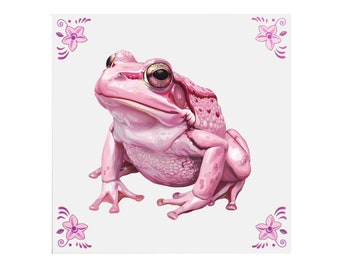 Pink Ceramic Tile: Frog - Handmade ceramic art, Dutch souvenir, frog gift, gift for him, gift for her