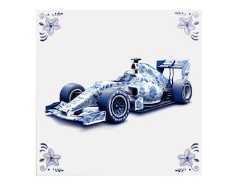 Delft Blue Ceramic Tile: Formula 1 car - Handmade ceramic art, unique gift, Dutch souvenir, GP formula 1 fan