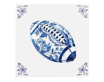 Delft Blue Ceramic Tile: Rugby Ball- Handmade ceramic art, Delft tile, rugby and football gift, gift for him, Super Bowl