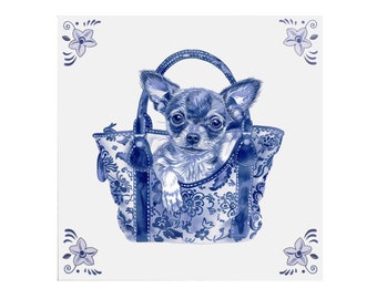 Delfter blaue Keramikfliese: Chihuahua - Keramikkunst, Delfter Fliese, Vintage-Fliese, Hundeliebhaber, Geschenk für sie, Hund