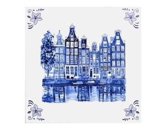 Delft Blue Ceramic Tile: Amsterdam canal houses - Ceramic art, Delft tile, vintage tile, Amsterdam souvenir, Holland