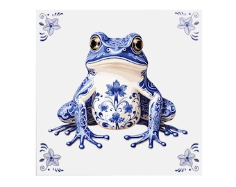 Delfts Blauwe Keramische Tegel: Kikker - Handgemaakte keramische kunst, Delft tile, Nederlands souvenir, kikker cadeau, cadeau voor hem