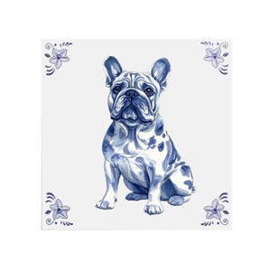 May include: A blue and white illustration of a French bulldog sitting on a white background with blue and white floral accents in the corners.