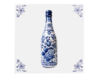 Delft Blue Ceramic Tile: Champagne bottle - Handmade ceramic art, unique gift, Dutch souvenir, Christmas gift