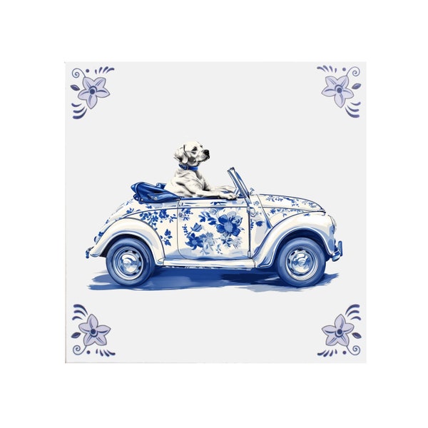 Delfts Blauwe Keramische Tegel: Hond in auto - Handgemaakte keramische kunst, cadeau voor haar, Nederlands souvenir, honden liefhebber