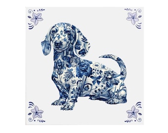 Delfter blaue Keramikfliese: Dackel – Keramikkunst, Delfter Fliese, Vintage-Fliese, Hundeliebhaber, Geschenk für sie, Hund