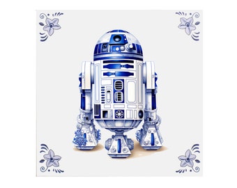 Delfts Blauwe Keramische Tegel: Star Wars R2-D2 - Handgemaakte keramische kunst, uniek cadeau, Nederlands souvenir, Star Wars fan