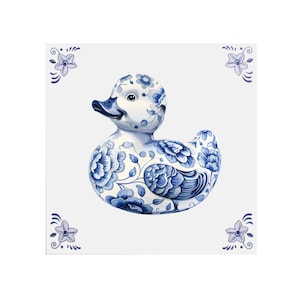 Delfts Blauwe Keramische Tegel: Rubber Duck - Handgemaakte keramische kunst, uniek cadeau, Nederlands souvenir, badeend, cadeau voor hem
