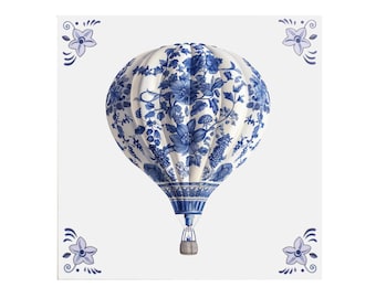 Delfts Blauwe Keramische Tegel: Luchtballon - Handgemaakte keramische kunst, uniek cadeau, Nederlands souvenir, ballonvaart, hot air balloon