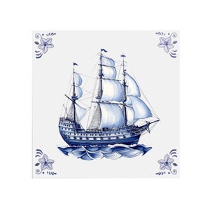 May include: A blue and white hand-painted ceramic tile featuring a detailed illustration of a sailing ship with billowing sails. The ship is surrounded by stylized waves and the tile is decorated with four blue and white floral motifs in the corners.
