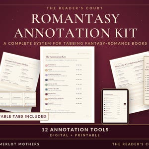 May include: A Romantasy Annotation Kit featuring a complete system for tabbing fantasy-romance books. Includes printable tabs, an annotation key, and digital tools. The set displays various markers for romance, clues, foreshadowing, and character development.