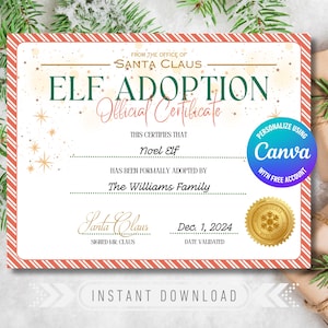 Certificado de adopción de elfo / Certificado de adopción de elfo editable / Kit de adopción de un elfo / Kit de actividades para elfos para descargar / Carta de llegada de elfo para imprimir