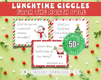 May include: A festive Christmas-themed image with three cards featuring jokes and illustrations. The cards have red and green borders and include a snowman, Christmas tree, and Santa Claus. The image also includes the text "Lunchtime Giggles From The North Pole" and "Kid-Friendly 50+ Jokes."
