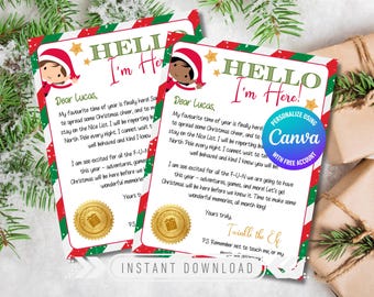 May include: A printable Christmas letter from the elf, Twinkle, to Lucas. The letter is decorated with red and green stripes, snowflakes, and a gold seal. The letter says "Hello I'm Here!" and "Personalize using Canva with free account".