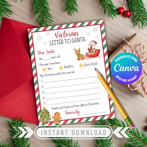 Plantilla de carta a Papá Noel / Carta a Papá Noel de un niño / Carta a Papá Noel para imprimir / Carta editable a Papá Noel / Querido Papá Noel / Para Papá Noel de