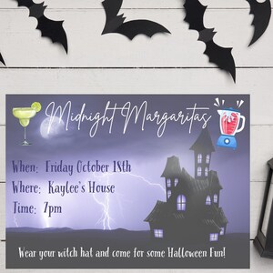 May include: A purple and black Halloween party invitation with a silhouette of a haunted house, lightning bolts, and a blender with a red drink. The text reads "Midnight Margaritas" and includes details about the party: "When: Friday October 18th, Where: Kaylee's House, Time: 7pm". The invitation also says "Wear your witch hat and come for some Halloween Fun!"