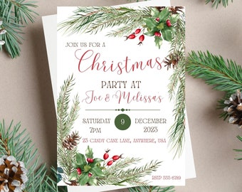May include: A Christmas party invitation with a green and red watercolor design featuring pine branches, holly, and berries. The text reads "Join us for a Christmas Party at Joe & Melissa's Saturday 9 December 7PM 2023 23 Candy Cane Lane, Anywhere, USA RSVP 555-6789"
