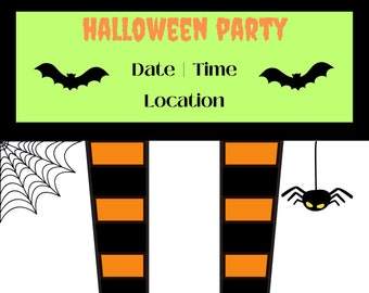 Może przedstawiać: Zaproszenie na imprezę Halloweenową z nogami i butami czarownicy, pająkiem i nietoperzami. Tekst brzmi "Halloween Party", "Date | Time" i "Location".