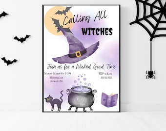 May include: A purple and black witch hat with a black cat and a cauldron with bubbles. The text on the invitation reads "Calling All Witches" and "Join us for a Wicked Good Time".