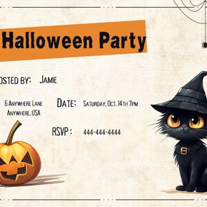 Black Cat Halloween Party Invitation | INSTANT DOWNLOAD | Editable Party Invitations | Costume Party Invite | Kids Halloween invite