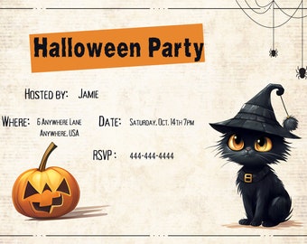 Black Cat Halloween Party Invitation | Editable Costume Invite (Digital Download)