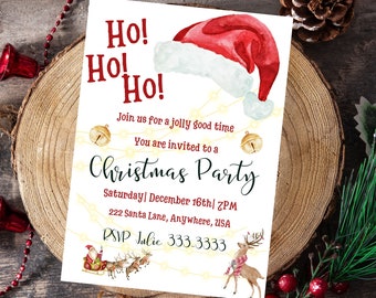 May include: A Christmas party invitation with a red Santa hat, gold bells, and a reindeer. The text reads "Ho! Ho! Ho! Join us for a jolly good time. You are invited to a Christmas Party. Saturday December 16th/ 7PM 222 Santa Lane, Anywhere, USA RSVP Julie 333-3333"