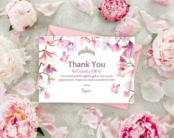 Pink Floral Quinceañera Thank You Card | Printable, Editable (Digital Download)
