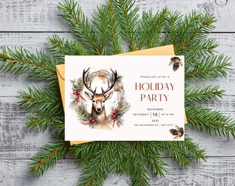 May include: A white invitation card with a watercolor illustration of a deer in a wreath. The text reads "Please join us for a Holiday Party, December 16 at 6 PM, 2023, 123 Anywhere St., Any City."