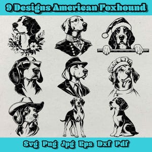 Puede incluir: Nueve ilustraciones en blanco y negro de Foxhounds americanos en varias poses y atuendos, incluyendo un chef, un vaquero, un policía y un soldado. El texto "9 Designs American Foxhound" está en la parte superior de la imagen. El texto "Svg Png Jpg Eps Dxf Pdf" está en la parte inferior de la imagen.