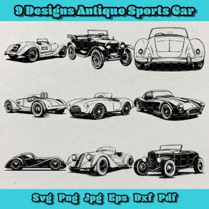 May include: Nine black and white line drawings of antique sports cars. The cars are all different makes and models, and they are all drawn in a classic style. The drawings are perfect for use in a variety of projects, such as scrapbooking, card making, and digital design.
