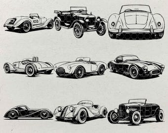 May include: Nine black and white line drawings of antique sports cars. The cars are all different makes and models, and they are all drawn in a classic style. The drawings are perfect for use in a variety of projects, such as scrapbooking, card making, and digital design.
